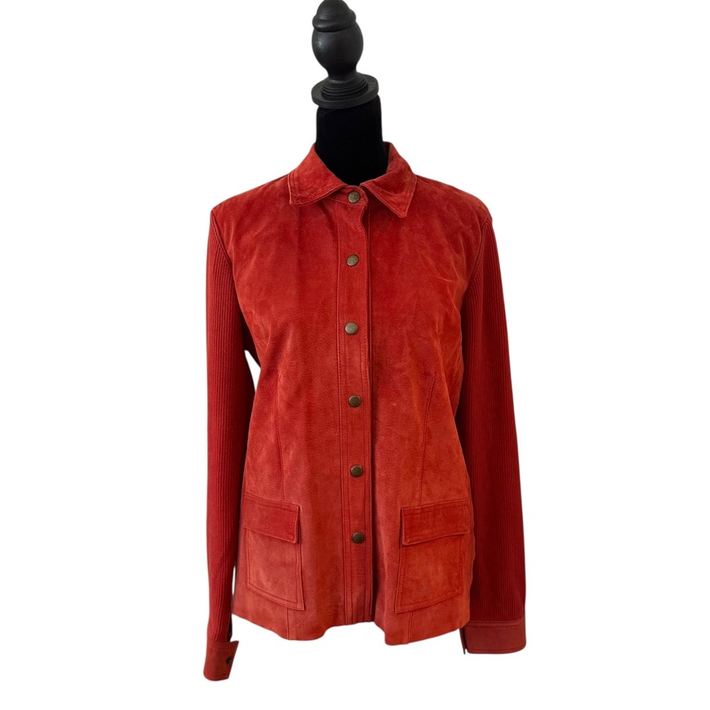Womens Suede Leather Ribbed Knit Mixed Media Shirt Jacket Rust Red Orange XL